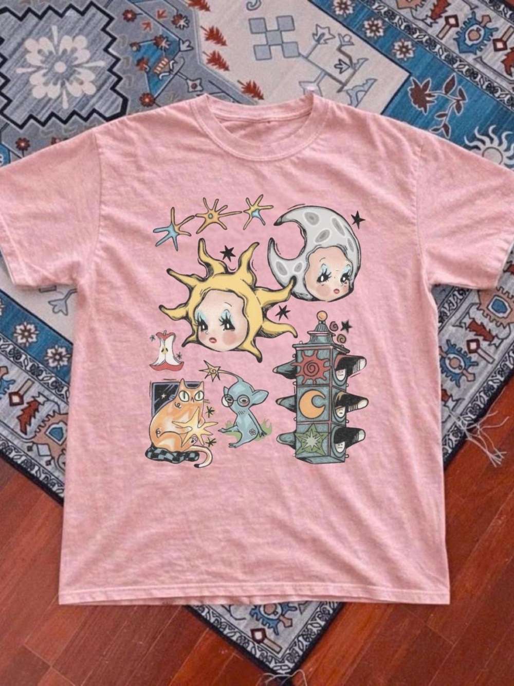 Gildan Pink Graphic Tee with Sun, Moon & Whimsical Characters
